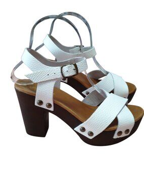 Mila Paoli Platform Block Heel White Italian Leather Sandals Size 7.5 Chunky